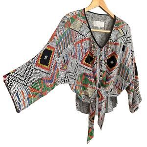 80s Vintage PLATINUM by Dorothy Schoelen | Printed Tie Front Beaded Blouse Small